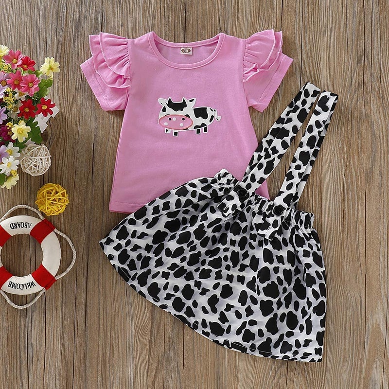 BOIZONTY Toddler Baby Girl Ruffled Fly Sleeve Cow Top Shirts + Leopard Suspender Skirts Overall Dress Clothes Set(18-24 Months,Leopard Cow) - Image 2